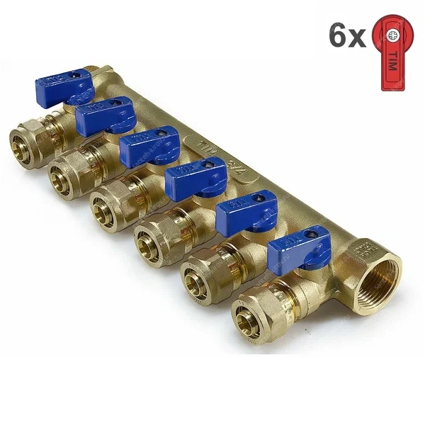 Коллектор 3/4" 6 выхода 16мм c кранами (арт. 200-3/4(6)) TIM