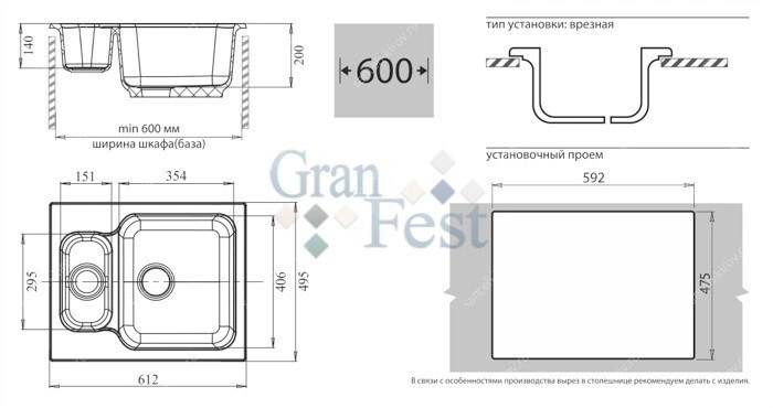 Мойка прямоугольная серая 310 GF-S615К GRANFEST