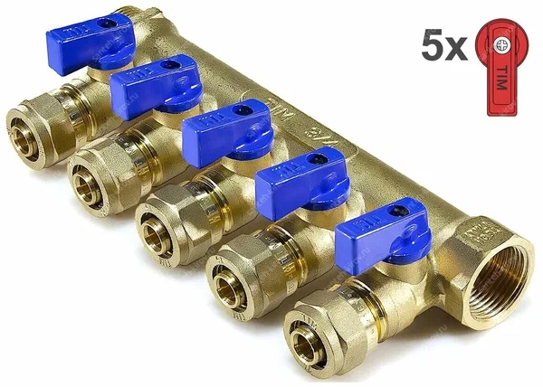 Коллектор 3/4" 5 выхода 16мм c кранами (арт. 200-3/4(5)) TIM